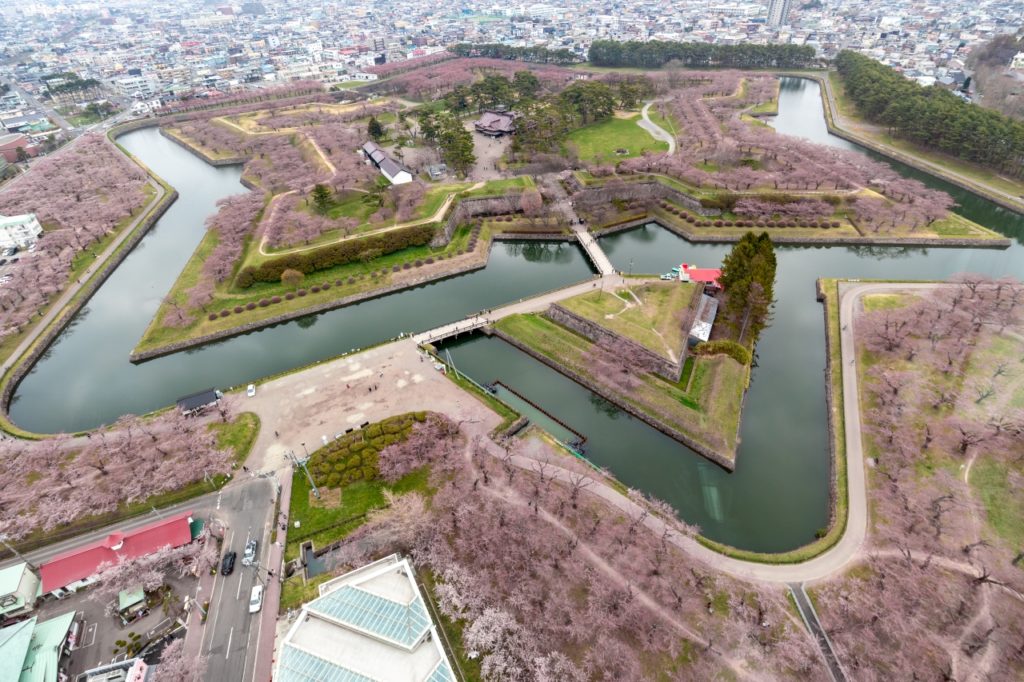 函館・五稜郭 桜が縁取る星形の城郭全景
